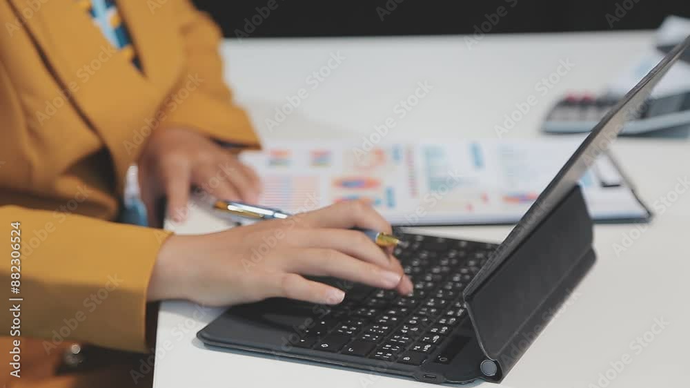 Business women reading document on office with tablet and graph financial diagram.Teamwork workplace strategy Concept. Business women reading document on office with tablet and graph financial diagram.Teamwork workplace strategy Concept.
