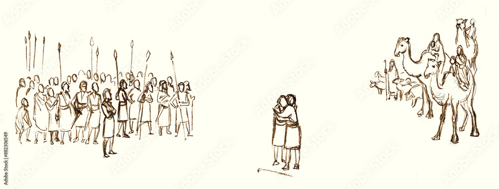 Obraz premium Pencil drawing. The army watches the meeting of Jacob and Esau