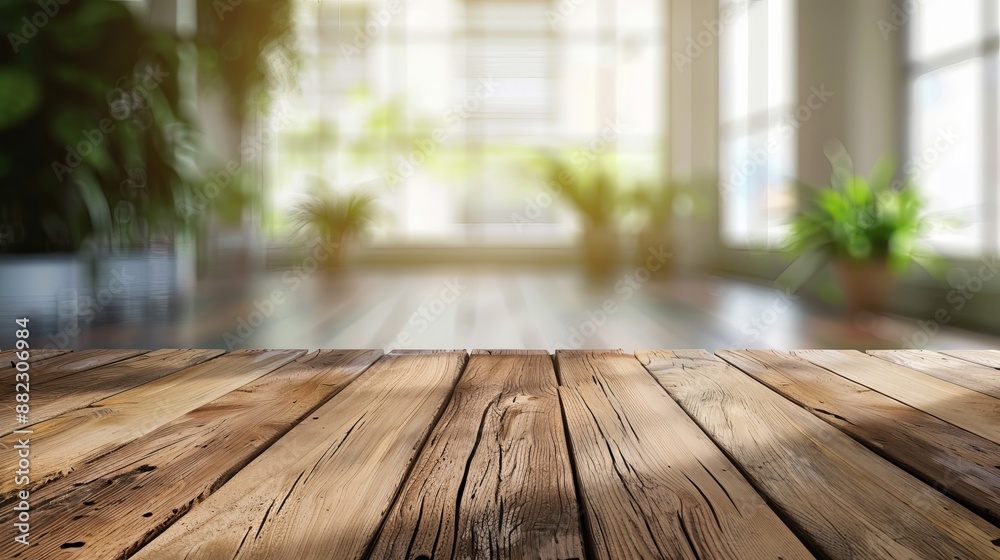 Wooden Tabletop Against Blurred Window Wooden Tabletop Against Blurred Window