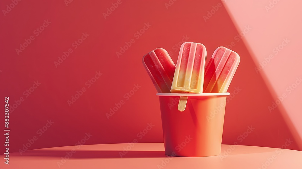 Ice popsicle ice cream in the bucket on red and salmon background Ice popsicle ice cream in the bucket on red and salmon background