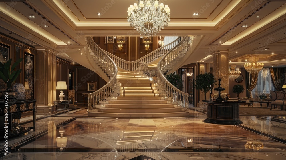 An elegant foyer with a grand staircase, a crystal chandelier, and marble floors leading to various luxurious rooms. An elegant foyer with a grand staircase, a crystal chandelier, and marble floors leading to various luxurious rooms.