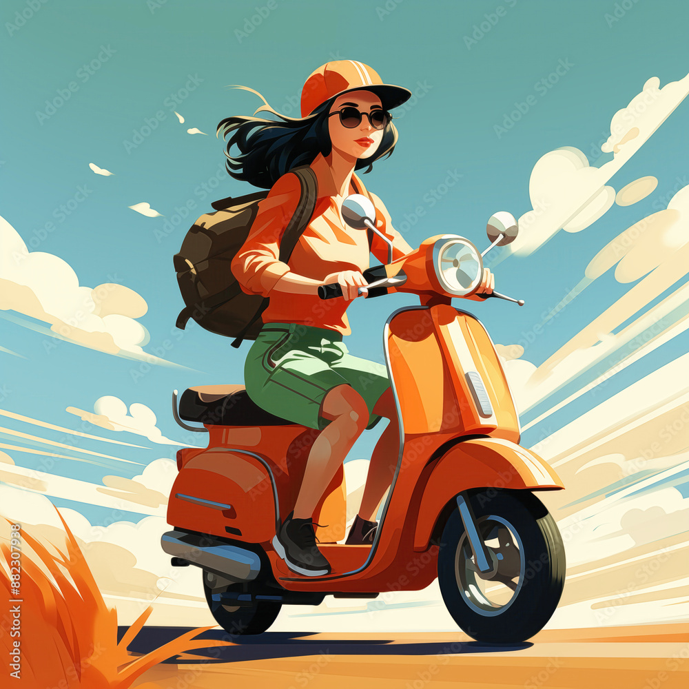 a young casual woman travelling with otor scooter, transport a young casual woman travelling with otor scooter, transport