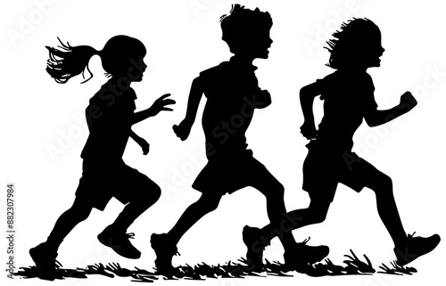 silhouette of children running and playing, in black, isolated 