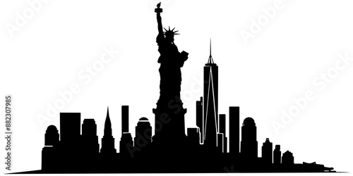 Statue of Liberty silhouette in front of New York City skyline, isolated 