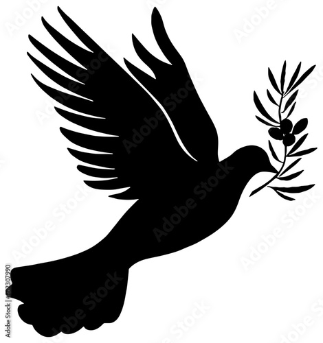 dove of peace carrying an olive branch, silhouette in black, isolated 