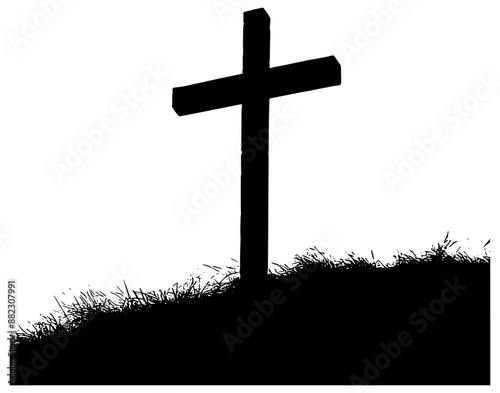 Christian cross on the hill in black silhouette, isolated 