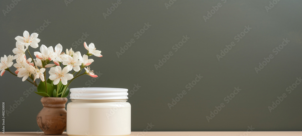A jar of cream next to a flower on a green background, generative AI A jar of cream next to a flower on a green background, generative AI