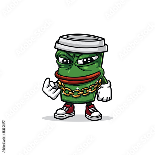 a green coffee cup mascot with a hyped, slightly furious expression, wearing a gold chain, white gloves, and red sneakers
