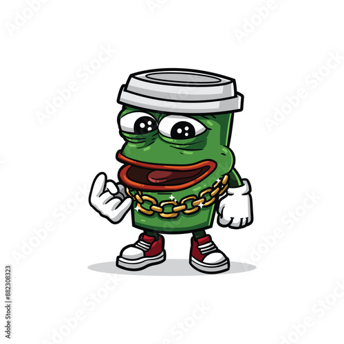 a green coffee cup mascot with a hyped, friendly expression, adorned with a gold chain, white gloves, and red sneakers, exuding a cool and energetic vibe