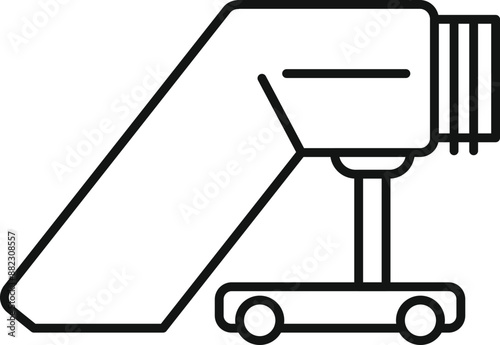 Simple line icon of an airport passenger boarding bridge connecting an airplane to the terminal building, facilitating passenger boarding and disembarkation