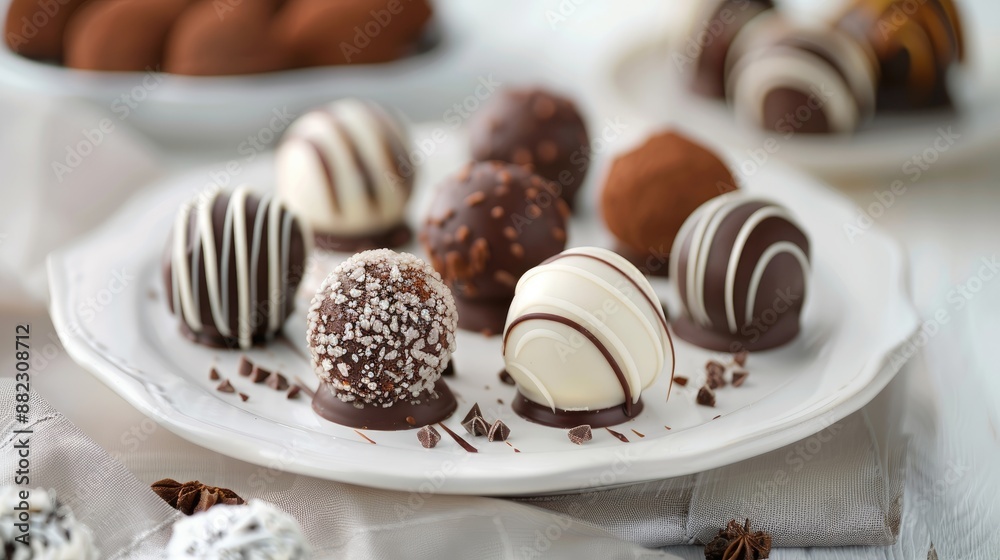 Delicious chocolate truffles on a white plate