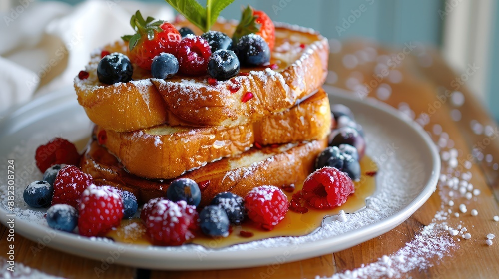 Delicious French toast with powdered sugar and fresh berries Delicious French toast with powdered sugar and fresh berries
