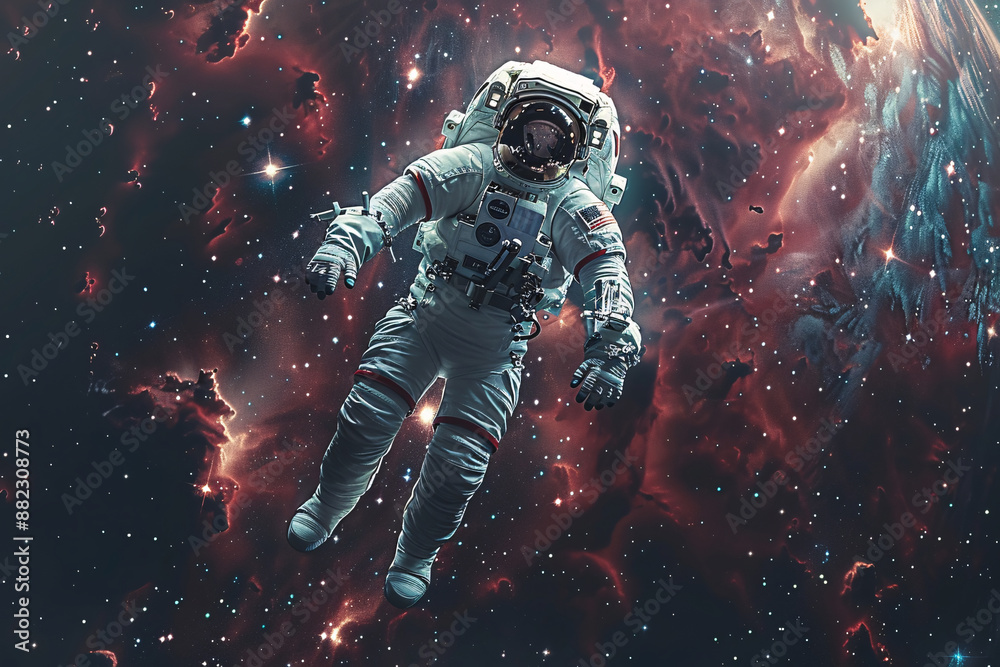 Fototapeta premium An astronaut floats in the vastness of space, surrounded by vibrant nebulae and distant stars, capturing the serenity and wonder of the cosmos