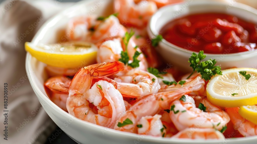 Delicious shrimp cocktail with lemon wedges and sauce Delicious shrimp cocktail with lemon wedges and sauce