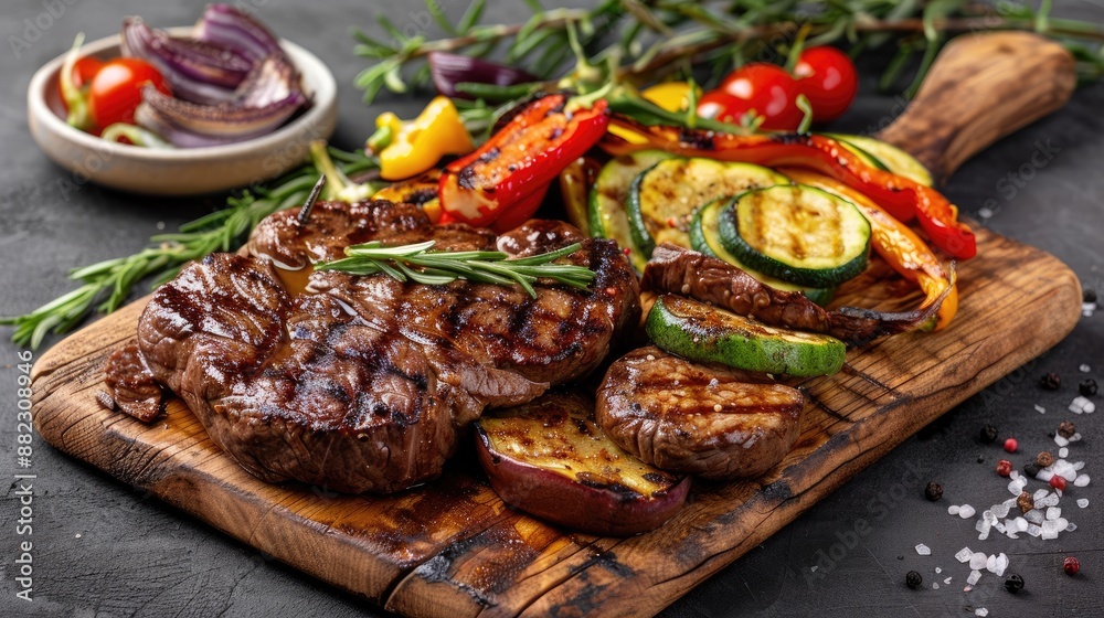 Delicious steak with grilled vegetables on a wooden board Delicious steak with grilled vegetables on a wooden board
