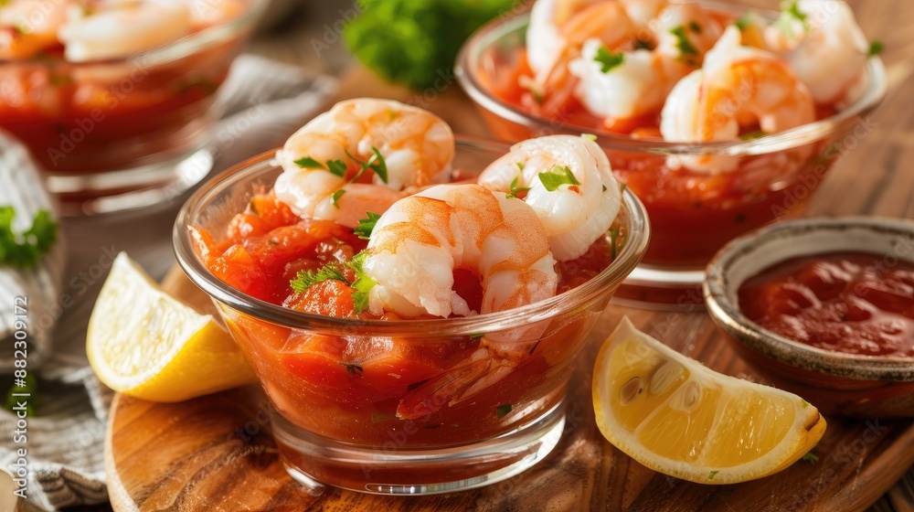 Delicious shrimp cocktail with lemon wedges and sauce Delicious shrimp cocktail with lemon wedges and sauce