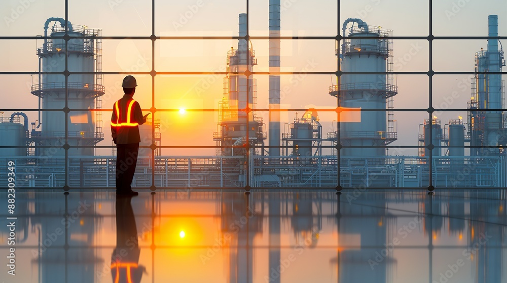Silhouette of technicians working in a refinery at twilight, with double exposure of mechanical systems, representing their hard work and modern technological advancements Illustration, Image, , Silhouette of technicians working in a refinery at twilight, with double exposure of mechanical systems, representing their hard work and modern technological advancements Illustration, Image, ,