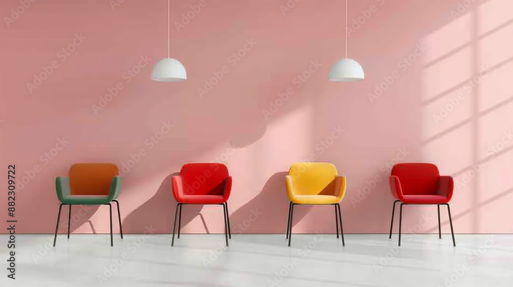 Obraz premium Interior of a modern cafeteria with clean lines and colorful seating arrangements, providing a vibrant dining experience for patrons. Illustration, Image, , Minimalism,