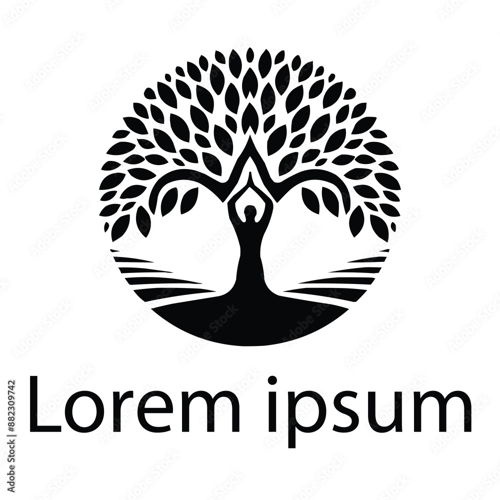 A black yoga tree logo on simple white background A black yoga tree logo on simple white background