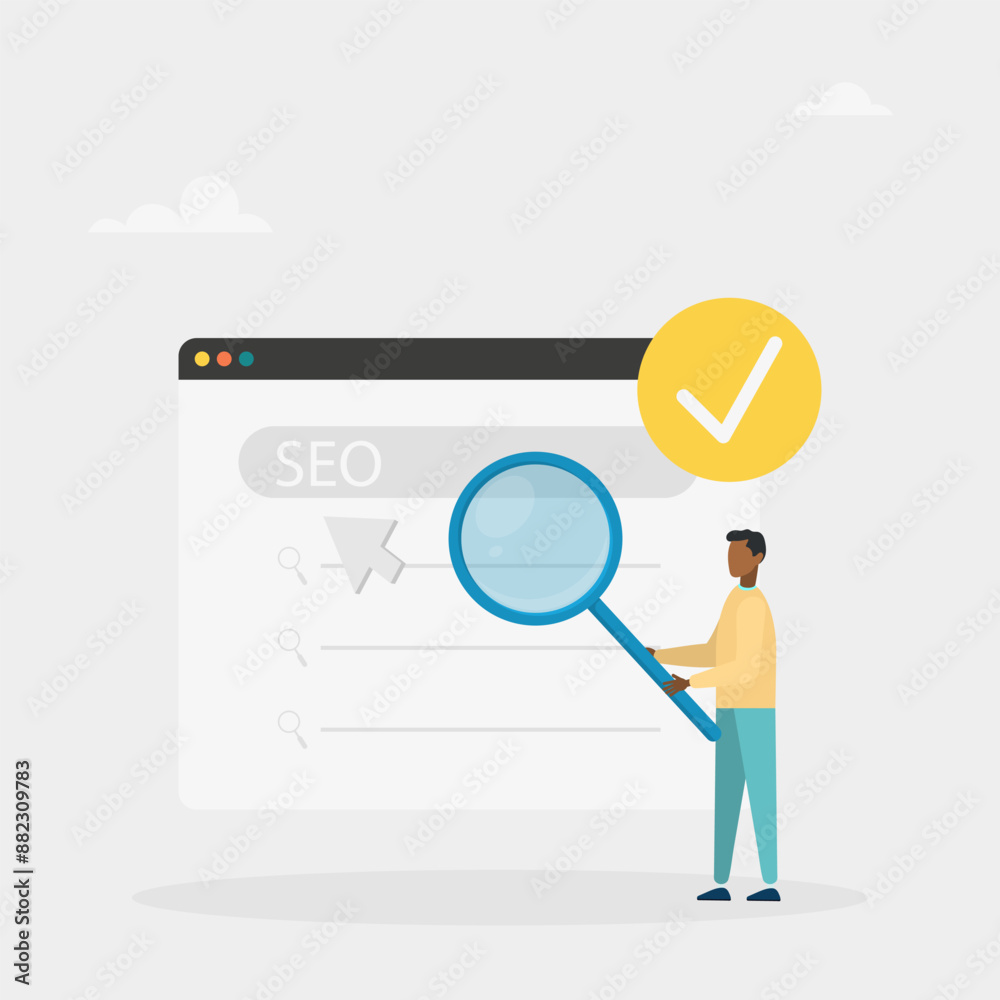 SEO optimization. An analyst who works with website data, analyzes search queries and selects keywords. Vector illustration SEO optimization. An analyst who works with website data, analyzes search queries and selects keywords. Vector illustration