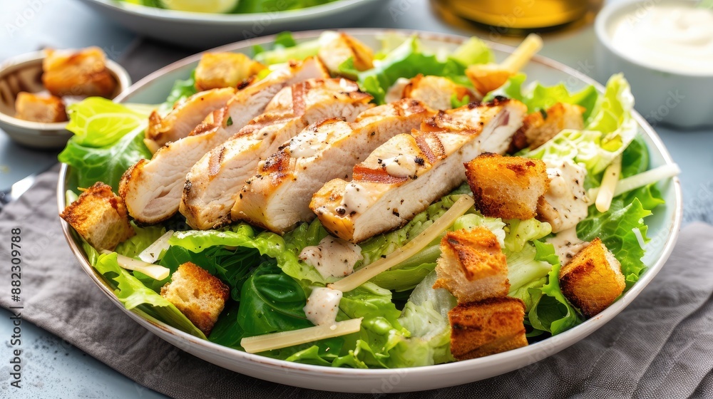 Freshly made Caesar salad with grilled chicken and croutons Freshly made Caesar salad with grilled chicken and croutons