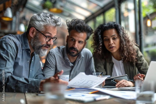group of diverse business colleagues discussing over documents in a professional meeting.