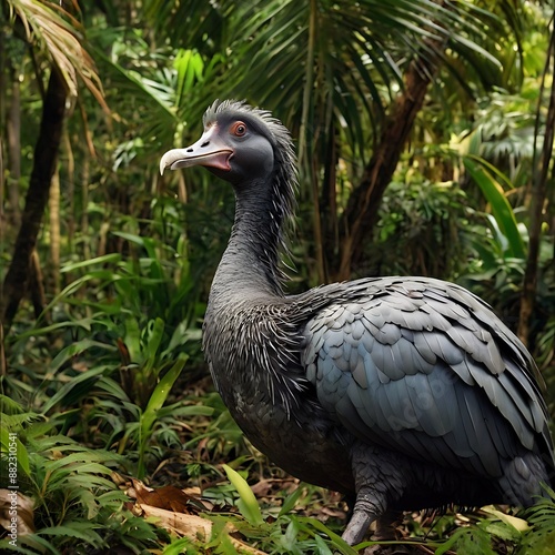 A Kagu Bird Stands in Lush Green Tropical Forest