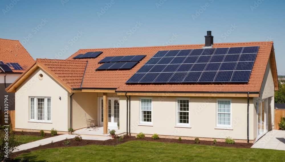 Modern home with solar panels on a sunny day, highlighting sustainable and eco-friendly living Modern home with solar panels on a sunny day, highlighting sustainable and eco-friendly living