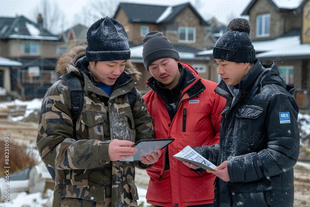 Fototapeta premium Architects reviewing house plans on digital tablet with salesman at construction site.