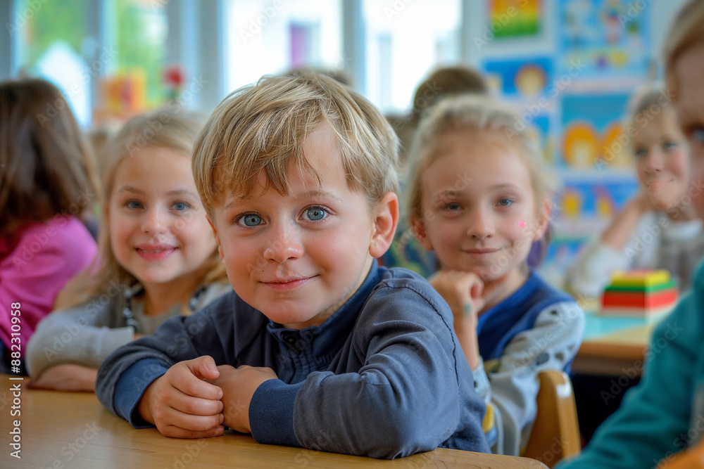 Happy children in a bright, colorful classroom setting. Happy children in a bright, colorful classroom setting.