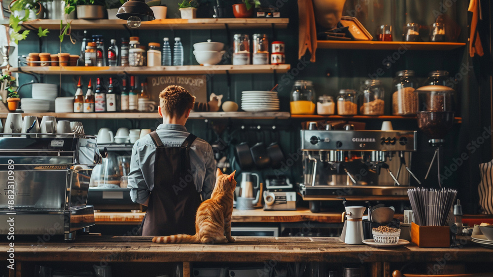 Furry family members allowed in cafe. Pet-friendly hotel for cat lovers. Cat and barista portrait Furry family members allowed in cafe. Pet-friendly hotel for cat lovers. Cat and barista portrait