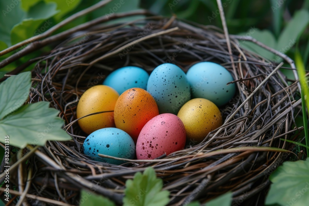 Colorful Easter Eggs Nestled in Natural Twig Nest Amongst Green Foliage Colorful Easter Eggs Nestled in Natural Twig Nest Amongst Green Foliage