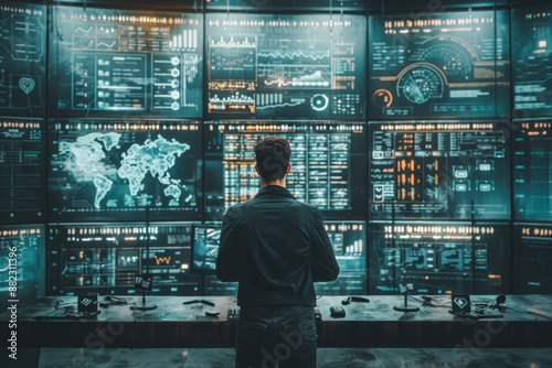 A man is looking at a computer monitor with many screens