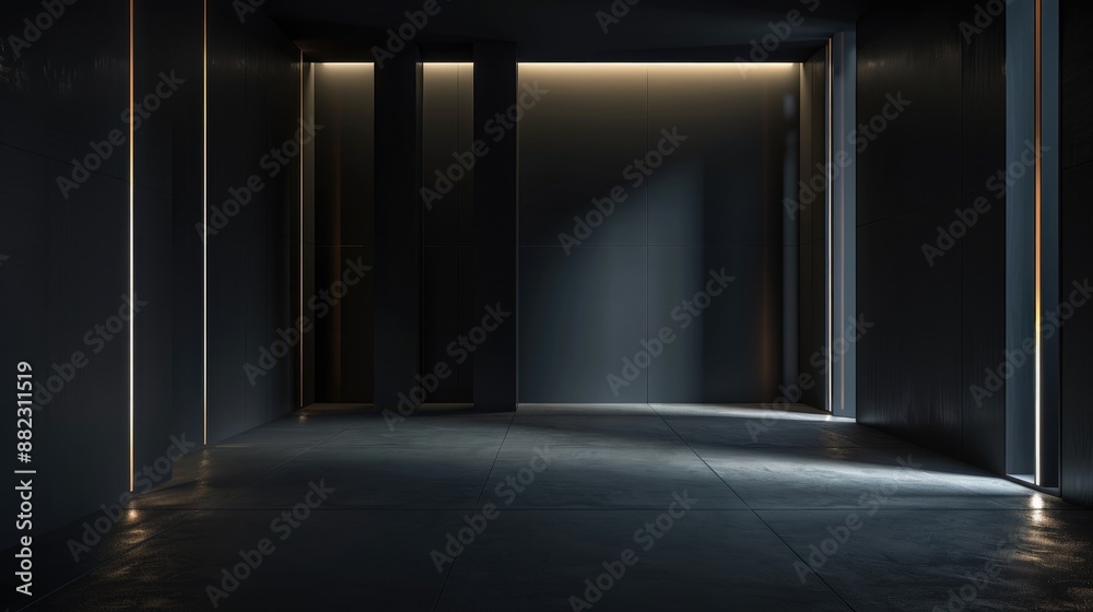 An empty, elegant dark room at night with sleek black walls and soft ambient lighting casting subtle shadows, perfect for highlighting copy space. An empty, elegant dark room at night with sleek black walls and soft ambient lighting casting subtle shadows, perfect for highlighting copy space.