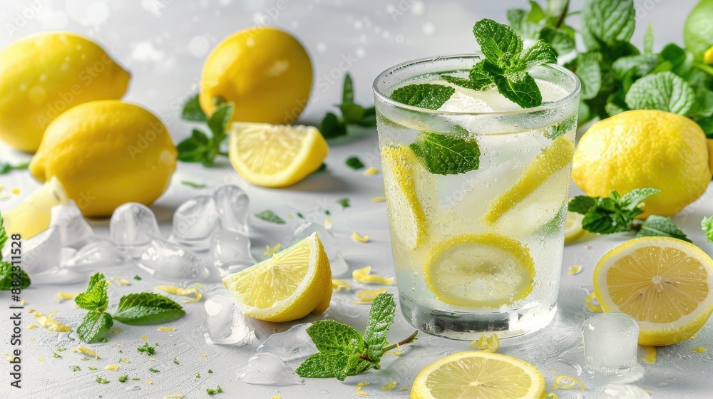 Refreshing lemonade in a glass with lemon slices and mint
