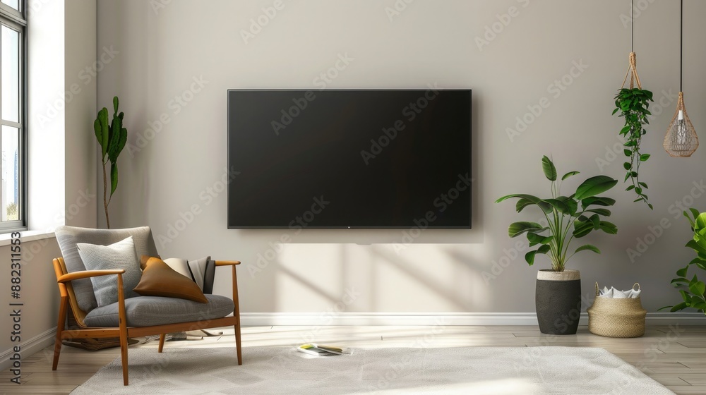 An empty flat screen television mounted elegantly on the wall in a contemporary living room setting. An empty flat screen television mounted elegantly on the wall in a contemporary living room setting.