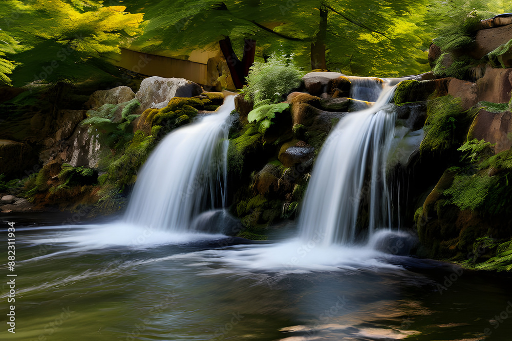 Fototapeta premium A cascading waterfall, a hidden gem within a lush park. Crystal-clear water plunges into a refreshing pool, surrounded by vibrant greenery. A tranquil escape in the heart of nature.