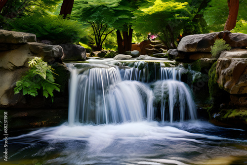 A cascading waterfall, a hidden gem within a lush park. Crystal-clear water plunges into a refreshing pool, surrounded by vibrant greenery. A tranquil escape in the heart of nature.