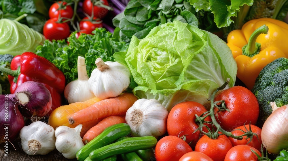 Assorted fresh vegetables on a wooden table Assorted fresh vegetables on a wooden table