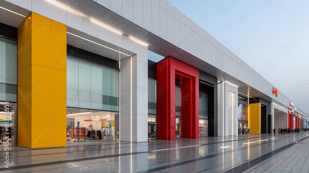 Exterior view of a shopping center with modern architecture and colorful storefronts, attracting shoppers with its vibrant atmosphere. Illustration, Image, , Minimalism, Exterior view of a shopping center with modern architecture and colorful storefronts, attracting shoppers with its vibrant atmosphere. Illustration, Image, , Minimalism,
