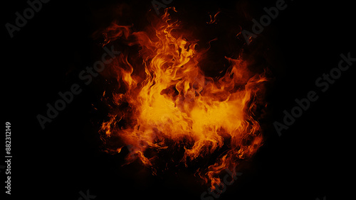 Realistic fire flames blazing in dark, creating intense heat and powerful light.