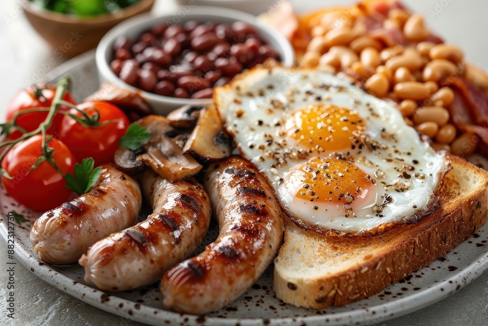 A traditional English breakfast with bacon, sausages, fried eggs, baked beans, black pudding, grilled tomatoes, and mushrooms, served with a slice of toast. A traditional English breakfast with bacon, sausages, fried eggs, baked beans, black pudding, grilled tomatoes, and mushrooms, served with a slice of toast.