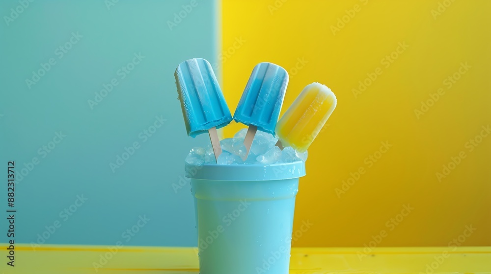 Ice popsicle ice cream in the bucket on yellow and cyan background Ice popsicle ice cream in the bucket on yellow and cyan background