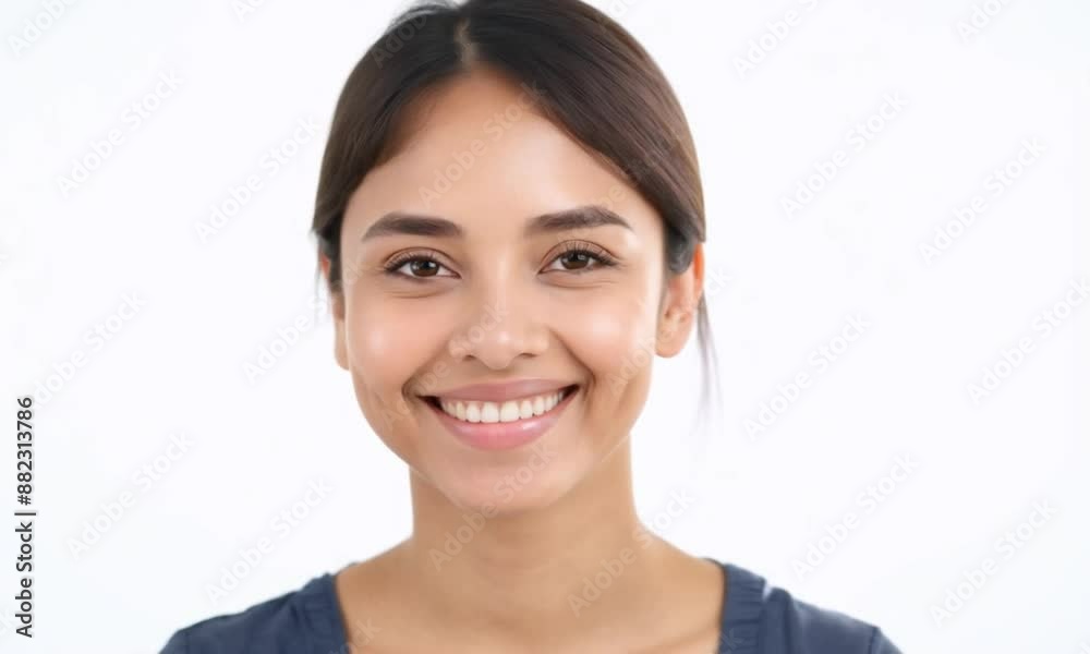 Young woman beams with joy, showing off her white teeth against a clean backdrop. Her smile exudes confidence, reflecting her healthy dental care routine Young woman beams with joy, showing off her white teeth against a clean backdrop. Her smile exudes confidence, reflecting her healthy dental care routine