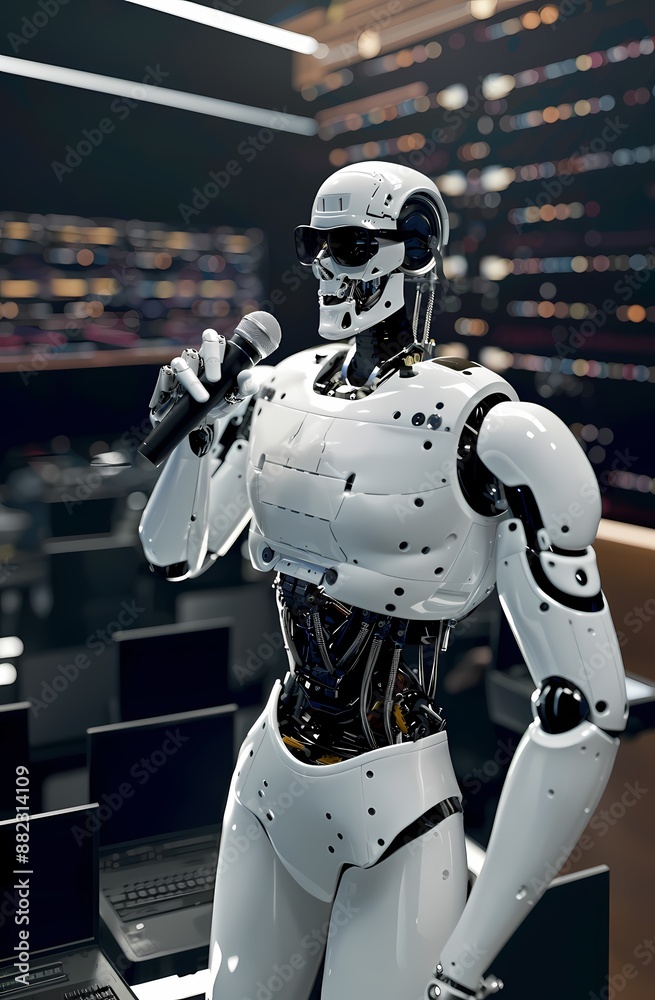 AI-Generated image of A robot is standing in front of a computer with a microphone and a laptop. The robot is wearing sunglasses and he is singing AI-Generated image of A robot is standing in front of a computer with a microphone and a laptop. The robot is wearing sunglasses and he is singing