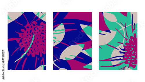 Set of 3 Botanical background. Abstract plant shapes. Minimalist illustration for printing on wall decorations.