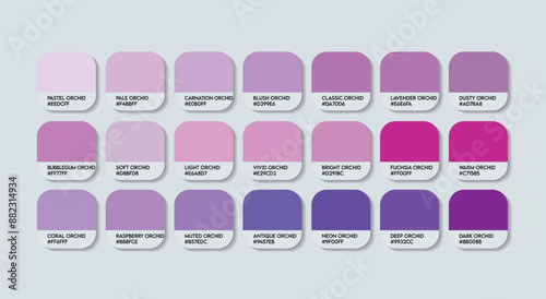 Orchid Color Palette, Orchid Color Guide Palette with Color Names. Catalog Samples of Purple with RGB HEX codes and Names. Indigo Colors Palette Vector, Fashion Trend Orchid Color Palette Vector tones