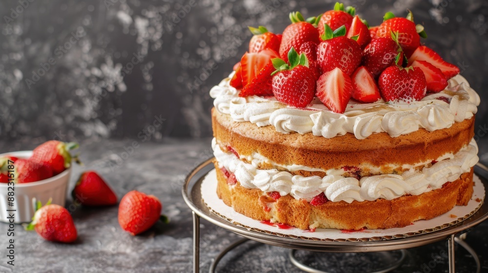 Fresh strawberry cake with cream on a dark background Fresh strawberry cake with cream on a dark background