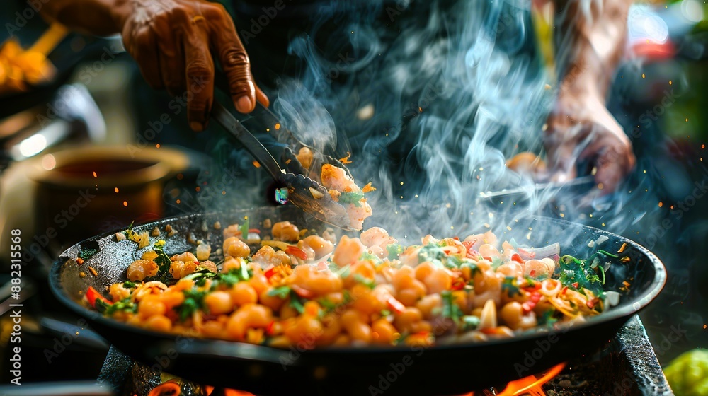 A chef stir-fries colorful vegetables and seafood in a wok, creating a cloud of delicious steam. A chef stir-fries colorful vegetables and seafood in a wok, creating a cloud of delicious steam.