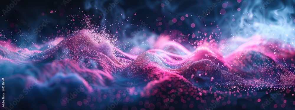Abstract background with blue and pink glowing dots, futuristic line of particles wave in dark space. Abstract background with blue and pink glowing dots, futuristic line of particles wave in dark space.